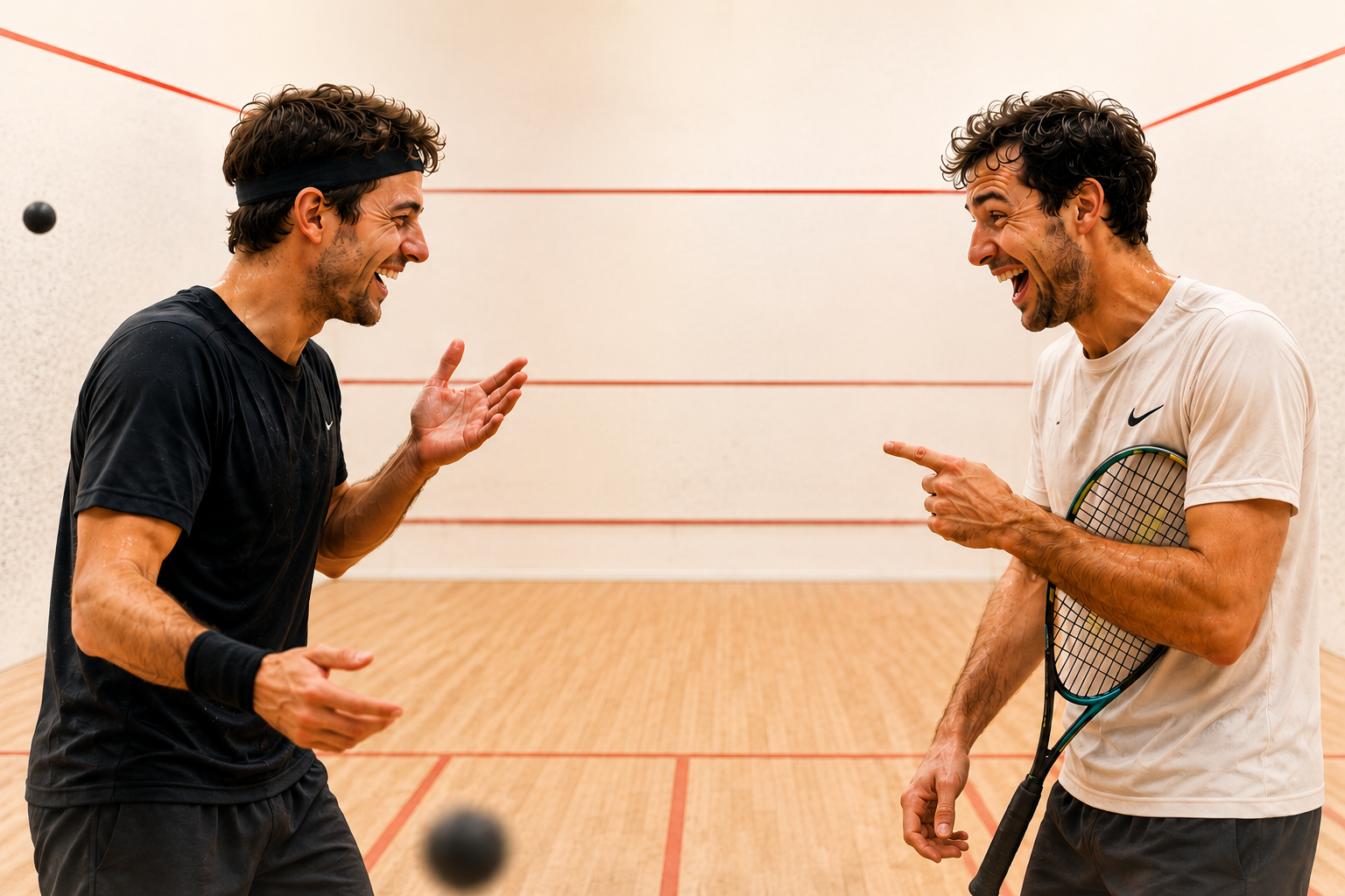 Deux joueurs de squash en train de rigoler sur un court